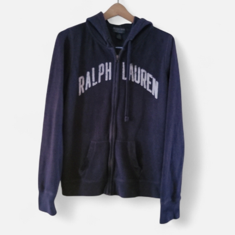 Vintage Polo Ralph Lauren Navy Zip Up Hoodie White Chest Logo Sweatshirt